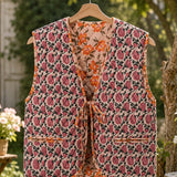 Pink Vine And Orange Flower - Reversible Vintage Patchwork Quilted Vest Tie-Front Waistcoat