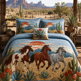 H.PAI Desert Horse Landscape Quilted 3-Piece Bedding Set – Western Inspired Quilted Bedding with Matching Pillow Shams