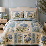 Blue Hydrangea Quilted 3-Piece Bedding Set – Classic Americana Quilted Bedding With Matching Pillow Shams