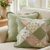 Green Pink Floral Gingham Patchwork Quilted Pillow Cover