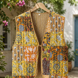 Vintage Yellow Patchwork - Reversible Vintage Patchwork Quilted Vest Tie-Front Waistcoat