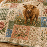 H.PAI Highland Cow Floral Patchwork Quilted 3-Piece Bedding Set