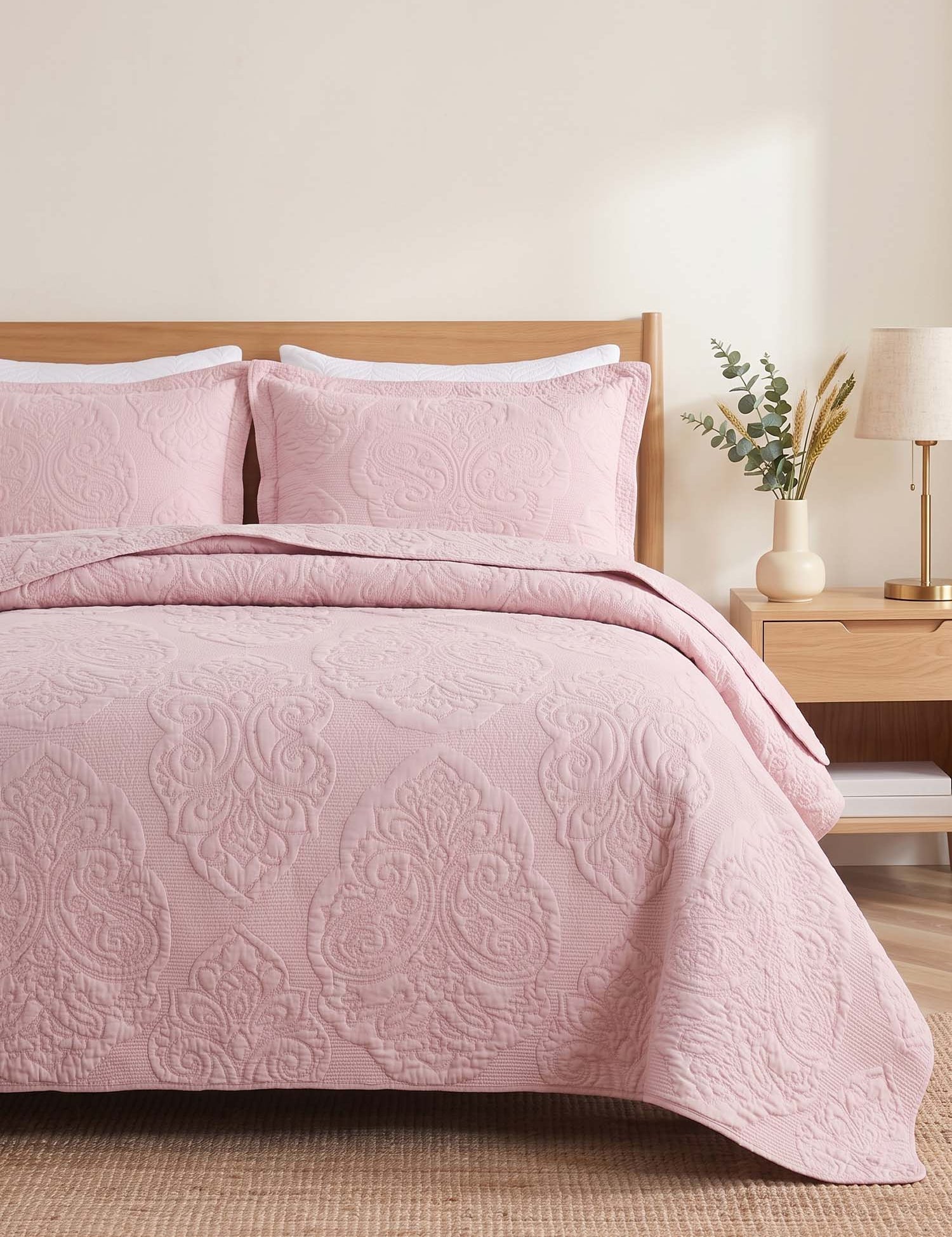 Damask Quilted 3-Piece Bedding Set