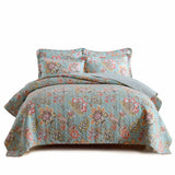 Teal Blue Vintage Garden Harvest Floral Patchwork Quilted 3‑Piece Bedding Set