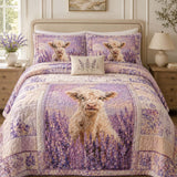 H.PAI Highland Cow Lavender Field Quilted 3-Piece Bedding Set
