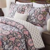 Vintage Charcoal Floral Garden 100% Cotton Quilted 3-Piece Bedding Set