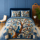 H.PAI Woodland Tree & Cat Quilted 3-Piece Bedding Set – Vintage Cottage Garden Quilted Bedding With Matching Pillow Shams