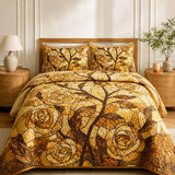 H.PAI Golden Rose Quilted 3-Piece Bedding Set – Vintage Stained Glass Quilted Bedding With Matching Pillow Shams