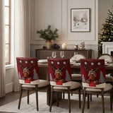 Rustic Red Christmas Reindeer Chair Back Cover, Xmas Dining Chair Slipcover with 3D Elk Doll