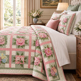 Pink Rose & Hydrangea Garden Quilted 3-Piece Bedding Set