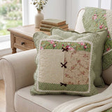Green Floral Gingham Patchwork Quilted Pillow Cover