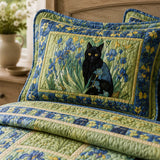 H.PAI Blue Iris Cat Garden Quilted 3-Piece Bedding Set