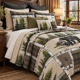 Black Bear Pine Forest Patchwork Quilted 3-Piece Bedding Set