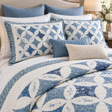 Blue Floral Ring Cottage Reversible 100% Cotton Quilted 3-Piece Bedding Set