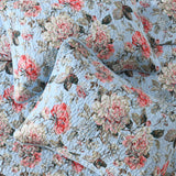 Light Blue Vintage Rose Floral Quilted 3‑Piece Bedding Set