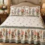 Vintage Floral 100% Cotton Quilted Bed Skirt Set