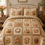 H.PAI Pumpkin Harvest Quilted 3-Piece Bedding Set – Vintage Farmhouse Quilted Bedding With Matching Pillow Shams