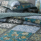 Teal Blue Floral Block Patchwork Quilted 3‑Piece Bedding Set