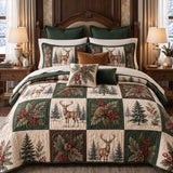 Christmas Deer & Pinecone Forest Quilted 3-Piece Bedding Set