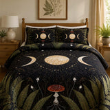 H.PAI Moonlit Mushroom Forest Quilted 3-Piece Bedding Set – Dark Botanical Quilted Bedding With Matching Pillow Shams