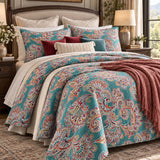Turquoise Paisley Boho 100% Cotton Quilted Bedding Set