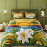 H.PAI Tropical Plumeria Floral Quilted 3-Piece Bedding Set – Luxury Quilted Bedding with Matching Pillow Shams