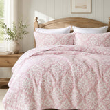 Pink Damask Floral Quilted 3-Piece Bedding Set