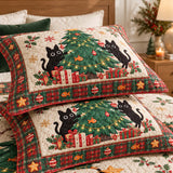 Playful Black Cats Christmas Tree Quilted 3-Piece Bedding Set