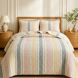Pastel Multicolor Vertical Stripe Quilted Bedspread Cotton Puff Quilt Blanket