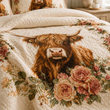 H.PAI Highland Cow Rose Garden Quilted 3-Piece Bedding Set
