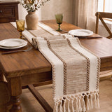 Boho Cotton-Linen Colorblock Knotted Openwork Fringe Table Runner