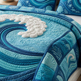 H.PAI Ocean Wave Quilted 3-Piece Bedding Set – Coastal Inspired Quilted Bedding With Matching Pillow Shams
