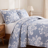 Vintage Cottage Blue Floral Print Quilted 3‑Piece Bedding Set