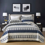 Blue Grey Buffalo Check Patchwork Quilted 3‑Piece Bedding Set