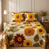 H.PAI Sunflower Floral Quilted 3-Piece Bedding Set – Luxury Quilted Bedding With Matching Pillow Shams