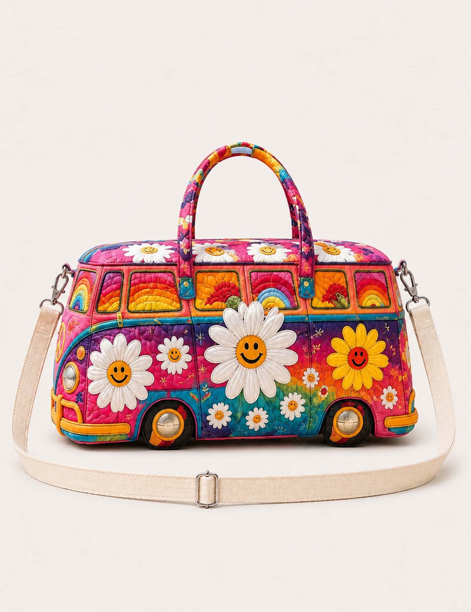 H.PAI Women's Quilted Duffle Bag - Retro 70s Rainbow Hippie Van, Smiley Daisy Travel Overnight Bag