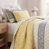Yellow Grey Paisley Stripe Quilted 3‑Piece Bedding Set