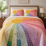 H.PAI Rainbow Sunburst Quilted 3-Piece Bedding Set – Bohemian Vintage Quilted Bedding With Matching Pillow Shams