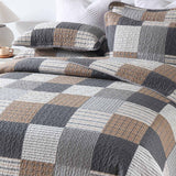 Grey Brown Plaid Patchwork Quilted 3‑Piece Bedding Set