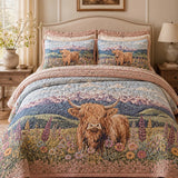 H.PAI Highland Cow Wildflower Meadow Quilted 3-Piece Bedding Set
