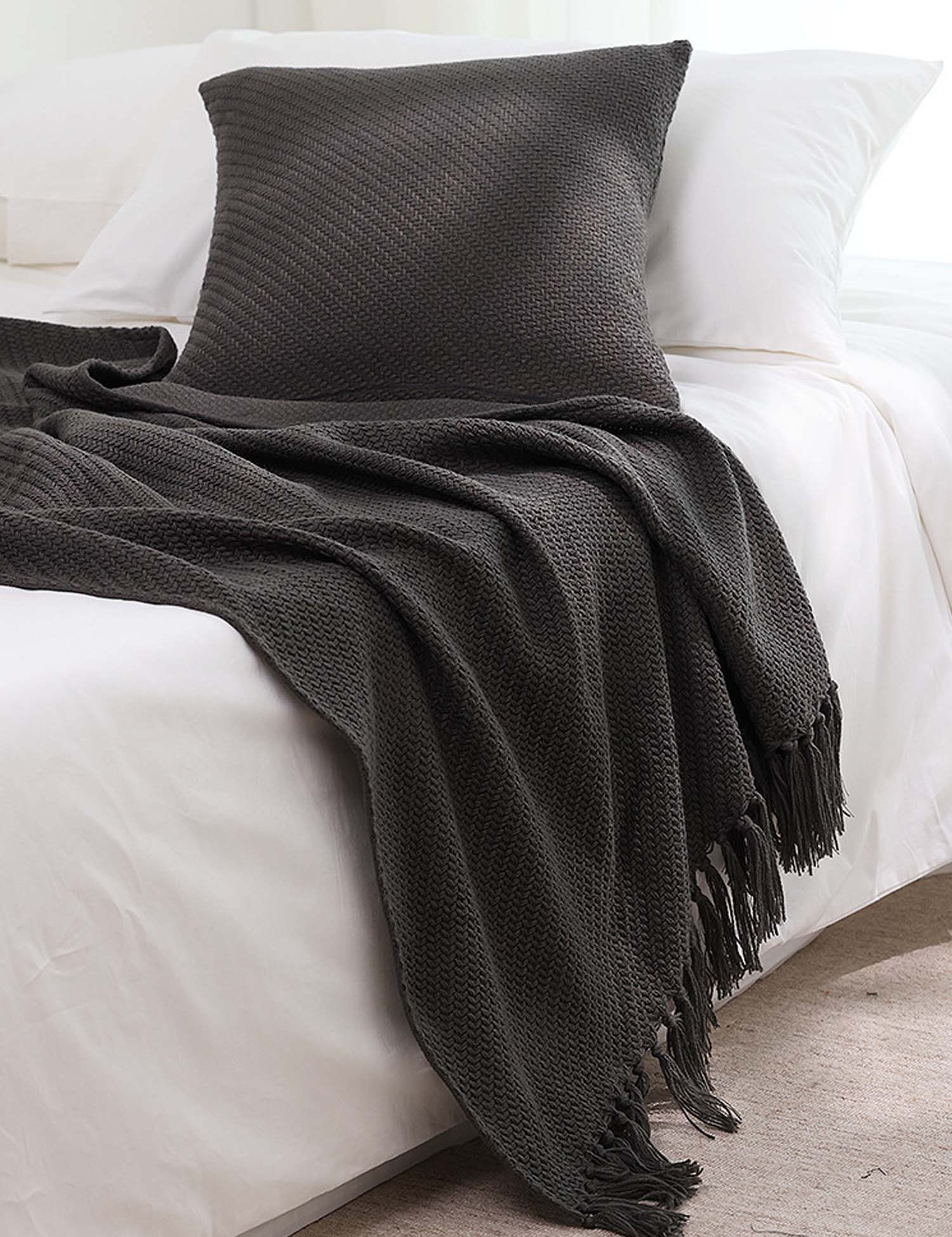 Textured Fringe Knitted Throw Blanket & Pillow Cover Set