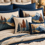 Navy Mountain Pine Tree Landscape Quilted 3-Piece Bedding Set