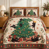 Playful Black Cats Christmas Tree Quilted 3-Piece Bedding Set