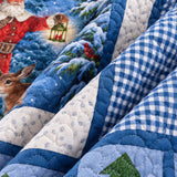 Santa's Winter Woodland Blue Gingham Quilted Blanket