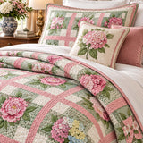 Pink Rose & Hydrangea Garden Quilted 3-Piece Bedding Set