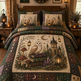 Woodland Owl Mushroom Crystal Castle Quilted 3‑Piece Bedding Set