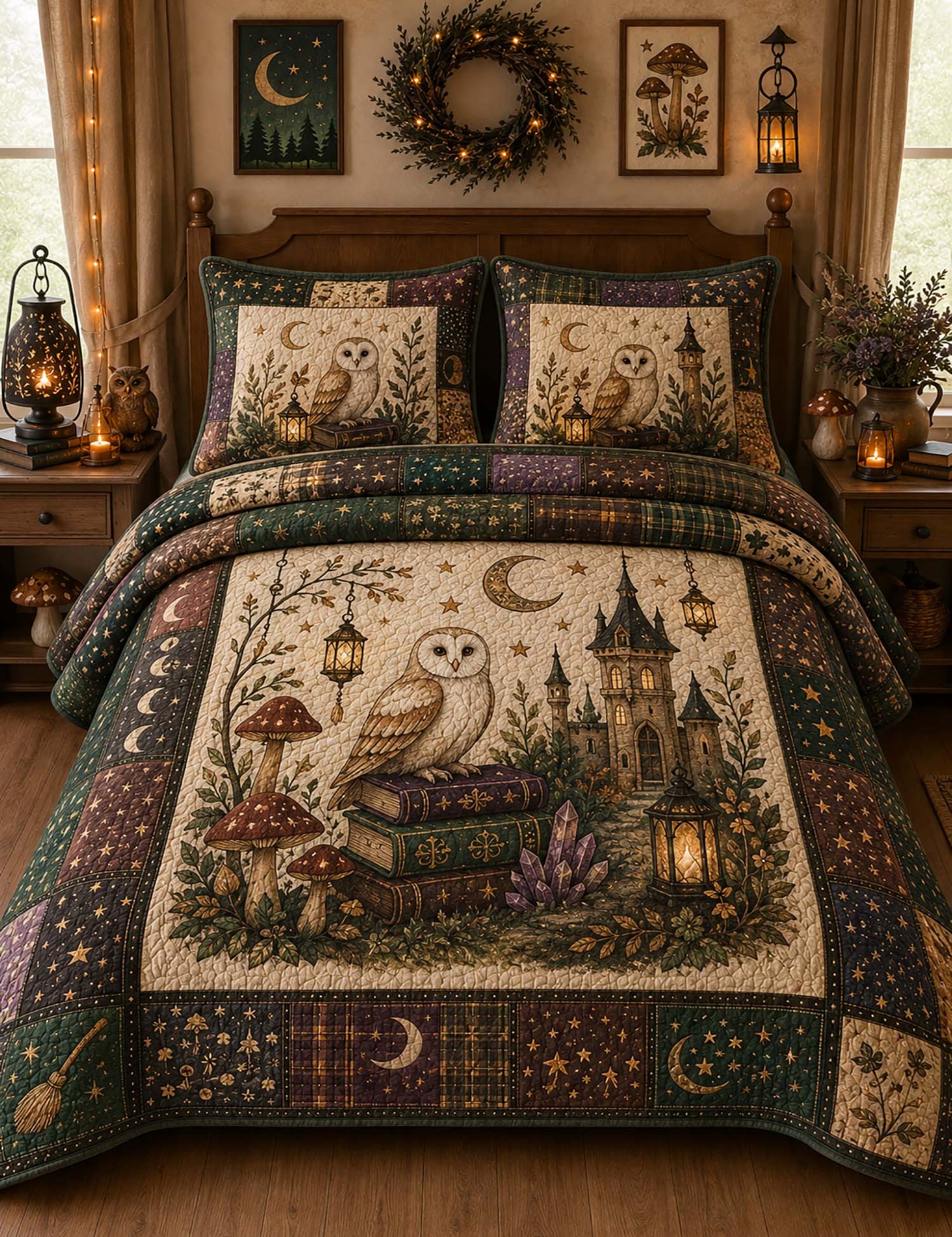 Woodland Owl Mushroom Crystal Castle Quilted 3‑Piece Bedding Set