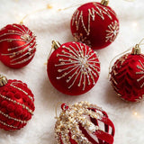Burgundy Flocked Christmas Baubles, Glitter Hanging Ornaments