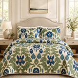 H.PAI Blue Green Ikat Floral Quilted 3-Piece Bedding Set