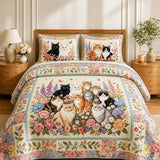 H.PAI Garden Cat Gathering 3-Piece Quilted Bedding Set